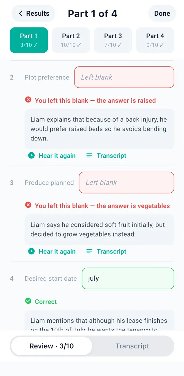 Listening review in the app: Part 1 of 4, an answer left blank with the right answer and the reason, and the Hear it again and Transcript buttons