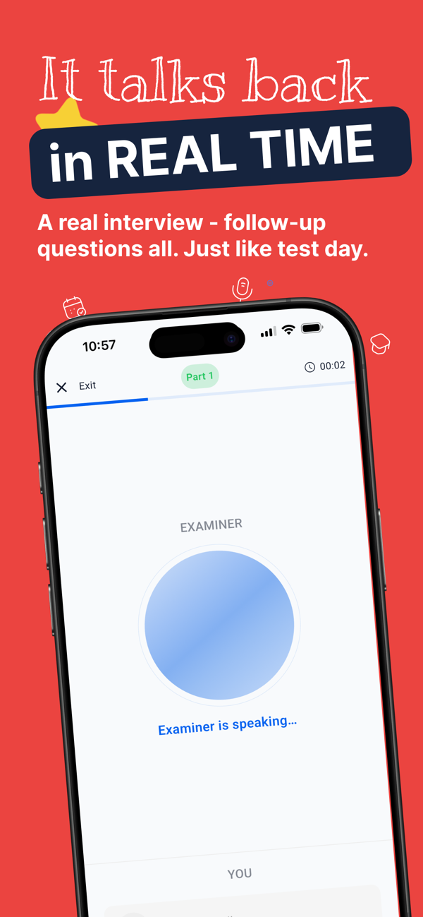 IELTS Mentor AI ilovasining real vaqtdagi ekzaminator suhbati ekrani: qoʻshimcha savollar bilan