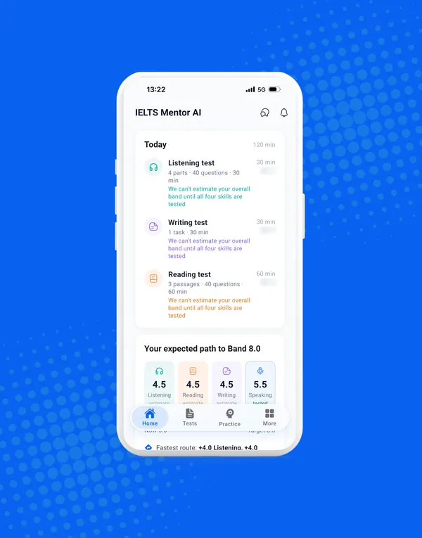 IELTS Mentor AI on a phone, showing the home screen